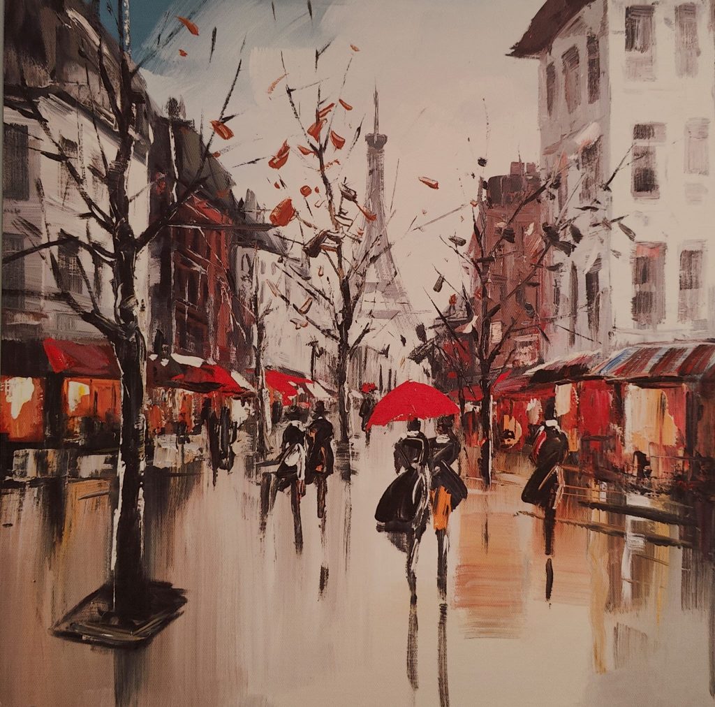 Parisian street with Tour Eiffel in background